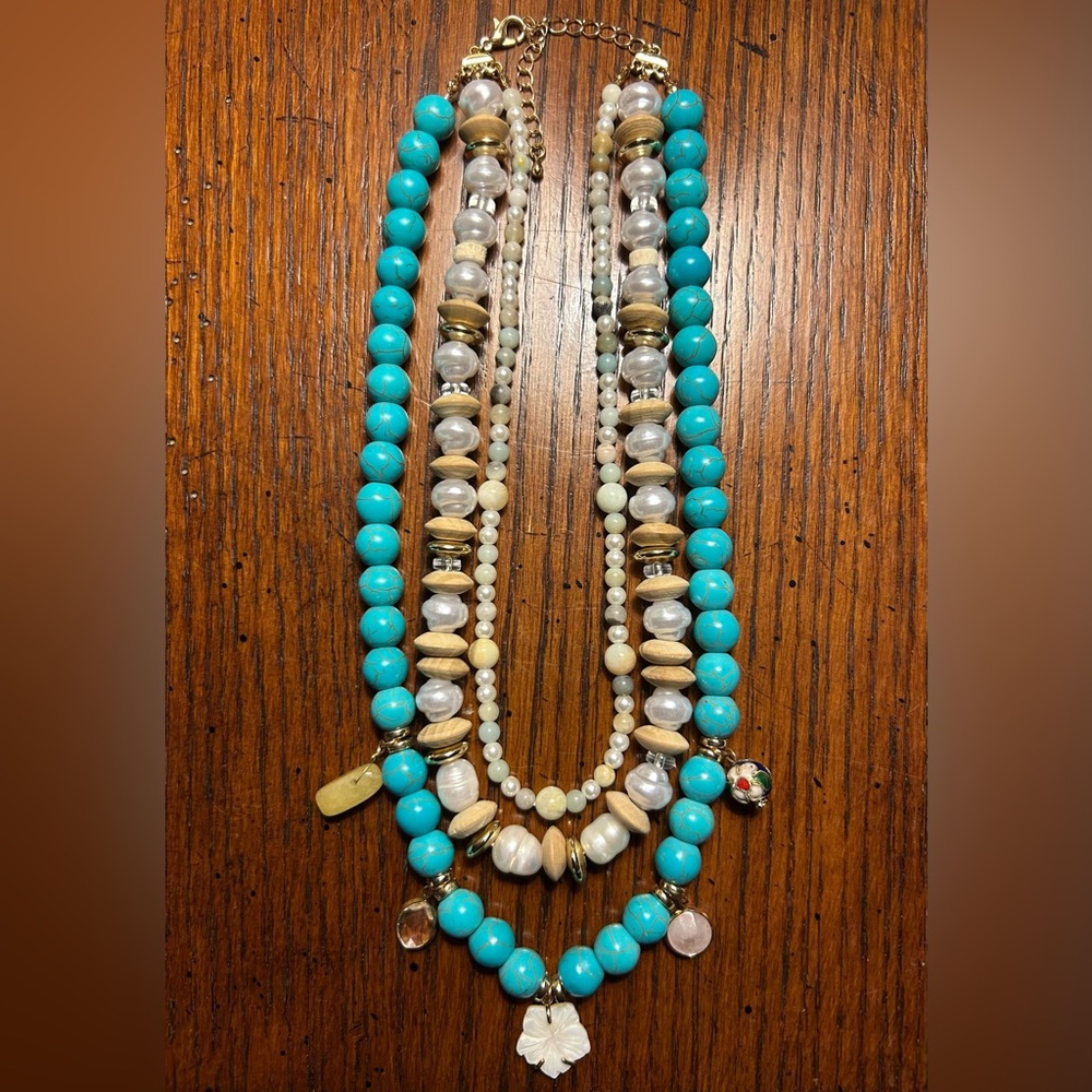 Faux Turquoise and Pearl Multi-Strand Charm Necklace